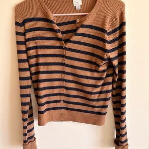 a new day Brown & Navy Striped Rib-Knit Button Cardigan